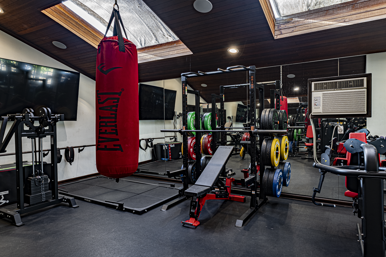 Primary power rack loaded with color-coded bumper plates under twin skylights